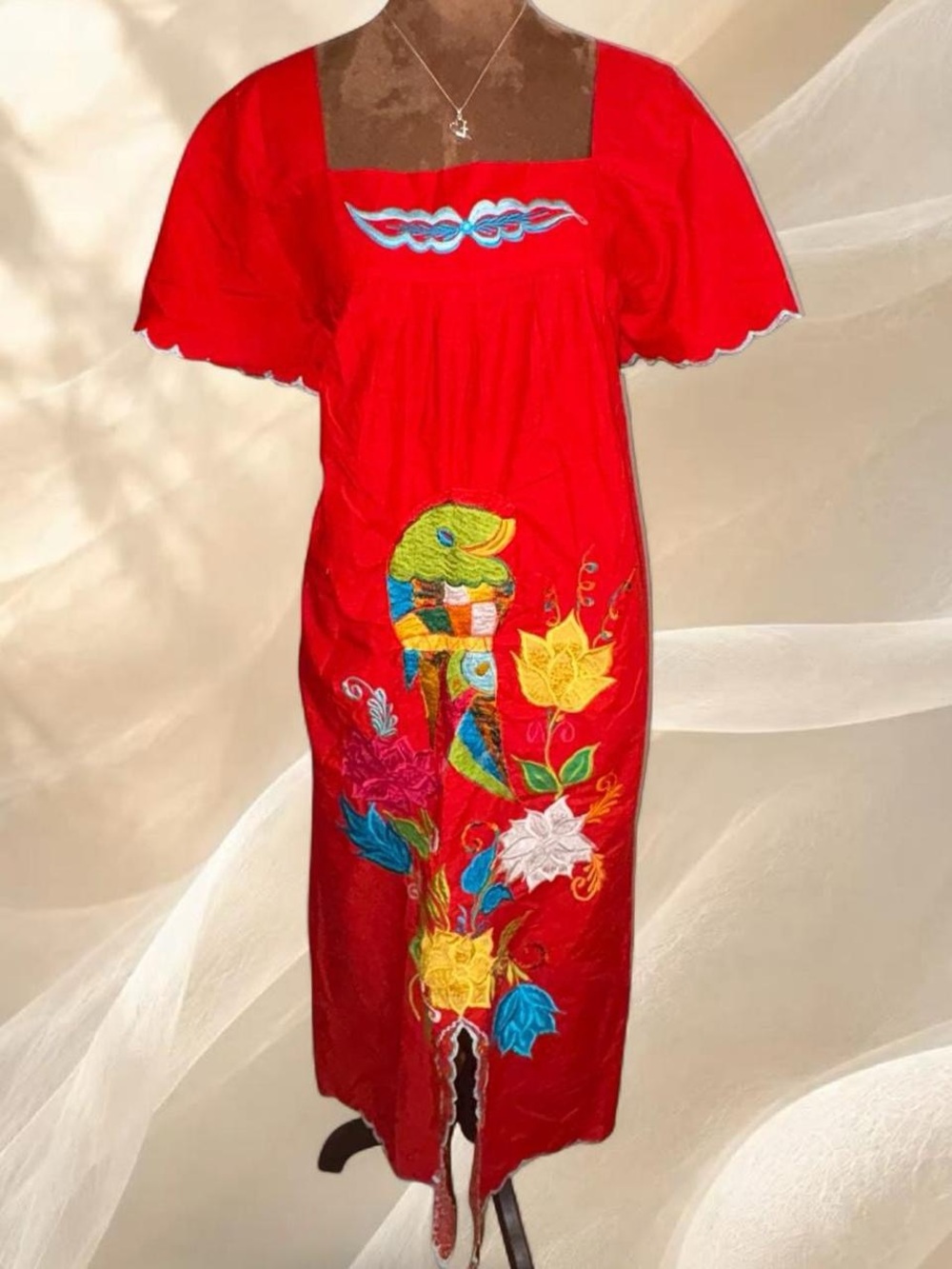 Traditional Red Embroidered Artisan Maxi Dress Loungewear L/XL